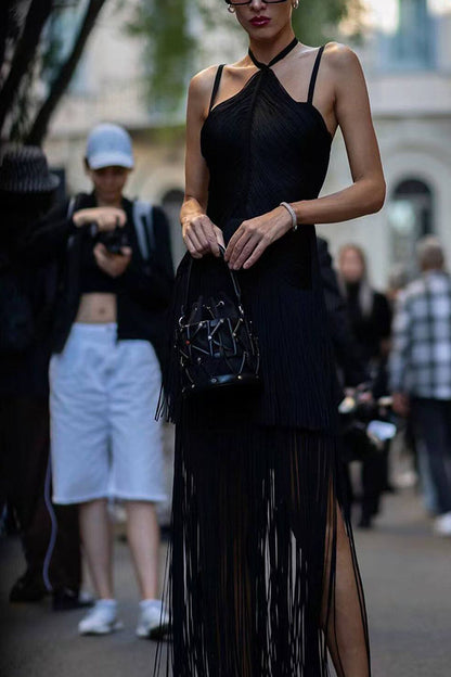 Sexy Halterneck Open Back Elegant Tassel Slim Maxi Dress
