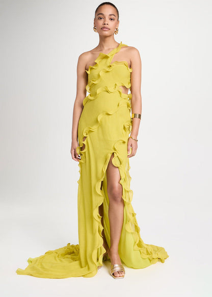 Solara – One-Shoulder Ruffle Slit Gown