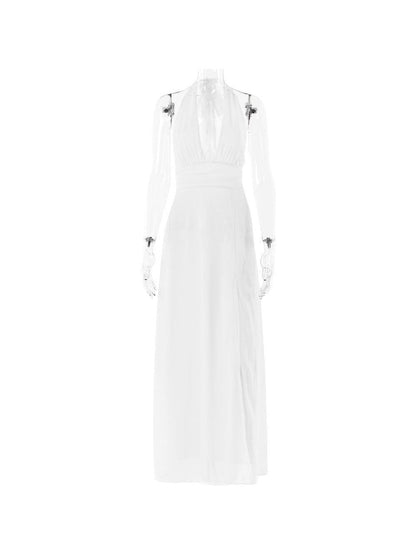 Alizey Deep Halterneck Strap Backless High Slit Dress