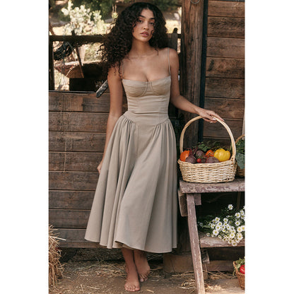 Spaghetti Strap Bustier Basque Waist Pleated Pocket Midi Dress