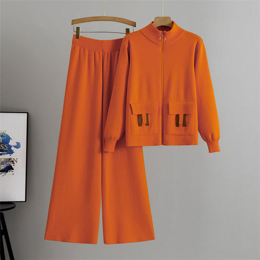 Orange – Knitted Cardigan Wide-Leg Pants Set