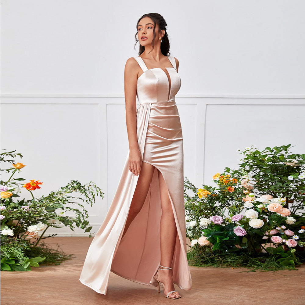 Square Neck Vertical Cutout Ruched Satin High Slit Drape Panel Maxi Gown