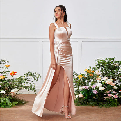 Square Neck Vertical Cutout Ruched Satin High Slit Drape Panel Maxi Gown