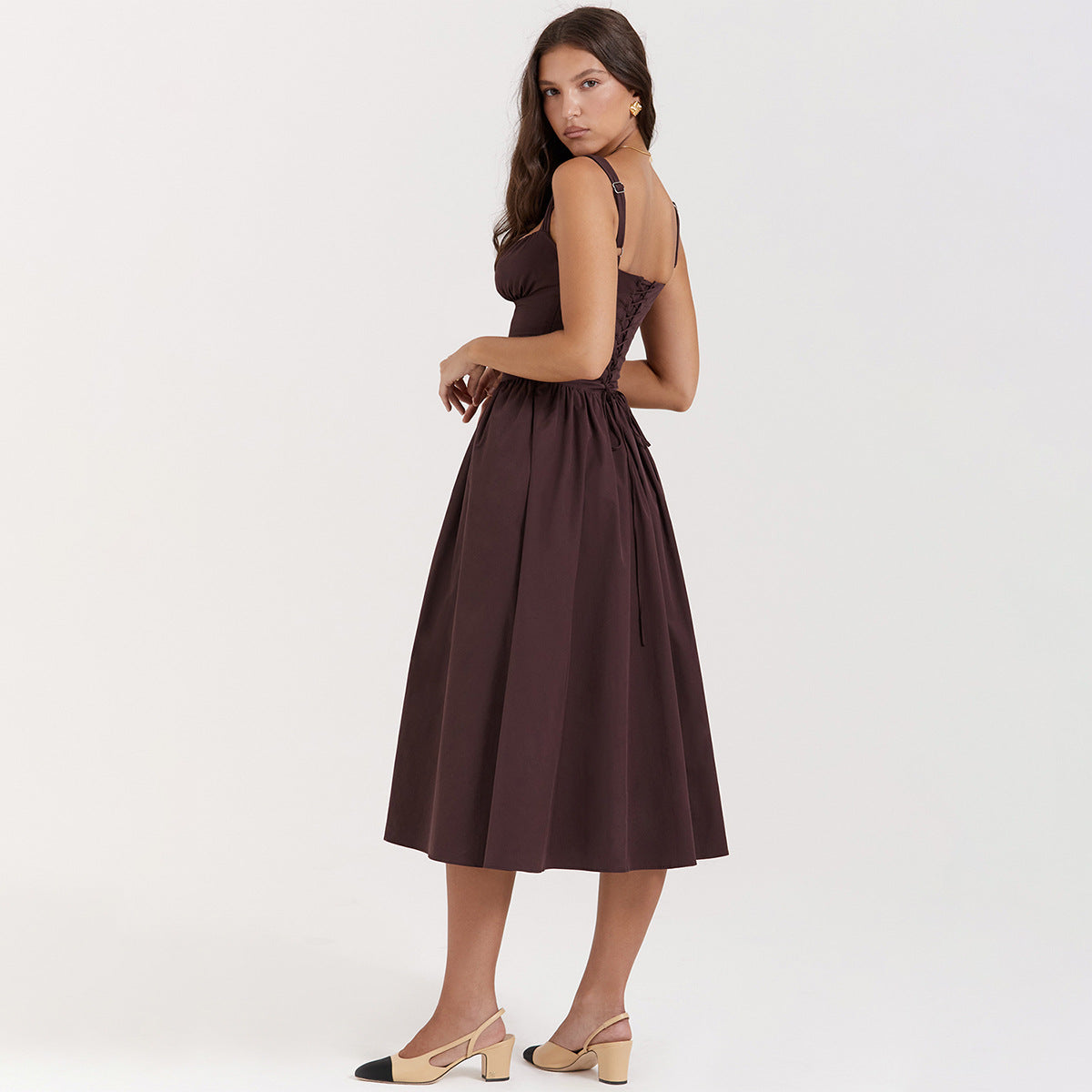 Square Neck Corset Bodice Button Front Pocket Midi Dress