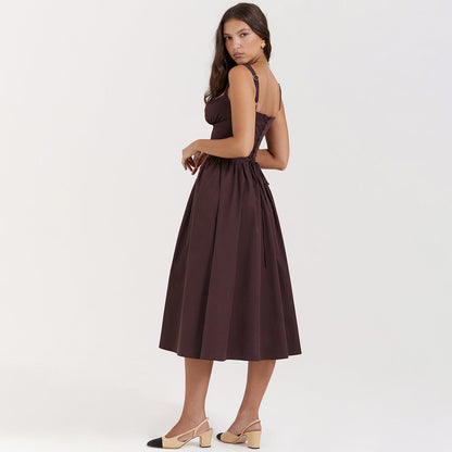 Square Neck Corset Bodice Button Front Pocket Midi Dress