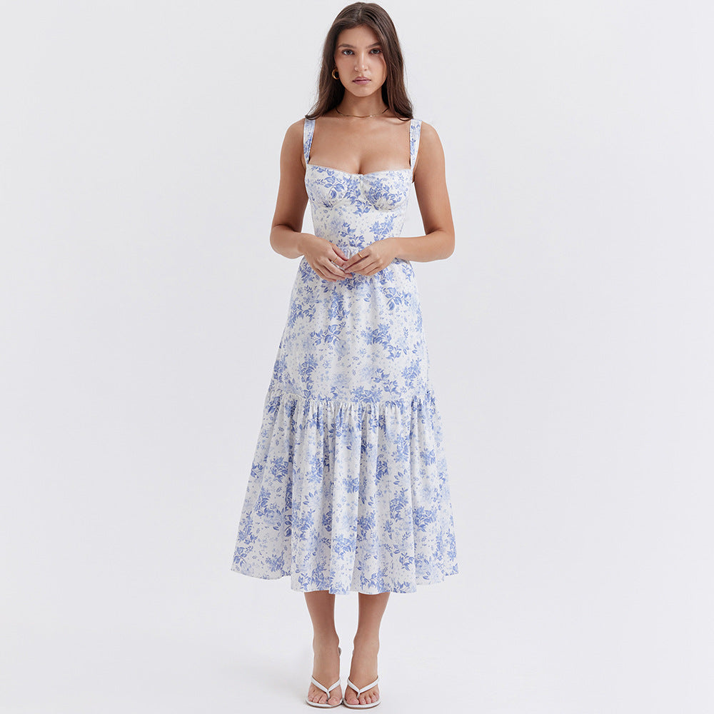 Square Neck Bustier Floral Ruffle Tier Pocket Midi Dress