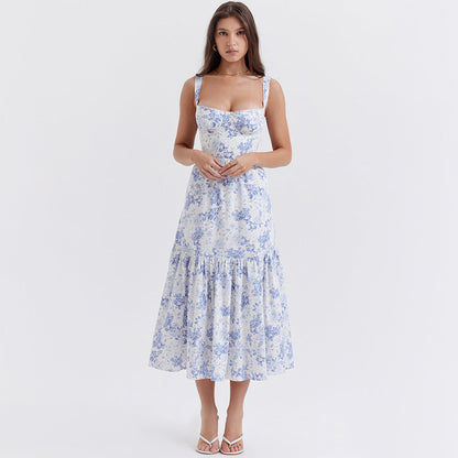 Square Neck Bustier Floral Ruffle Tier Pocket Midi Dress