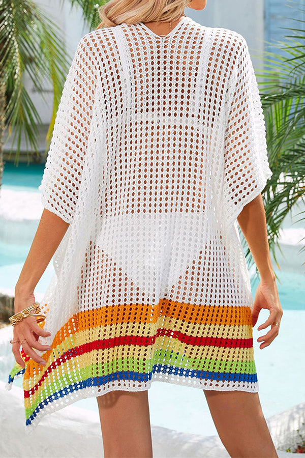 Color Block V Neck Slit Hollow Short Sleeved Knitted Cover Up