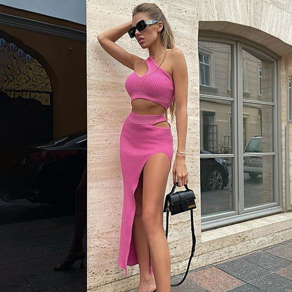 Solid Color Thread One-Piece Cropped Hollow-out Split Maxi Dress