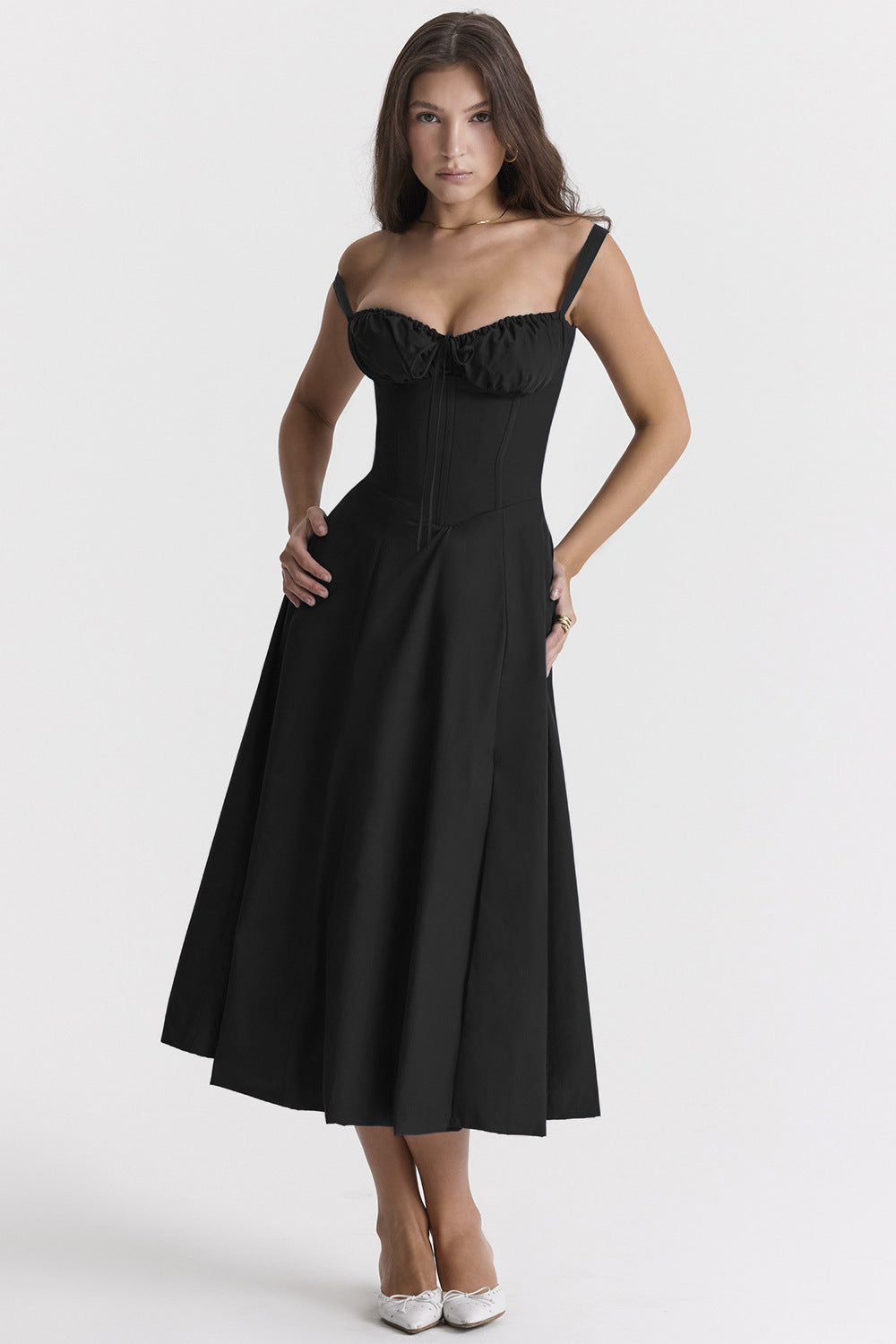 Floral Lace Up Back Spaghetti Strap Corset Fit and Flare Midi Dress