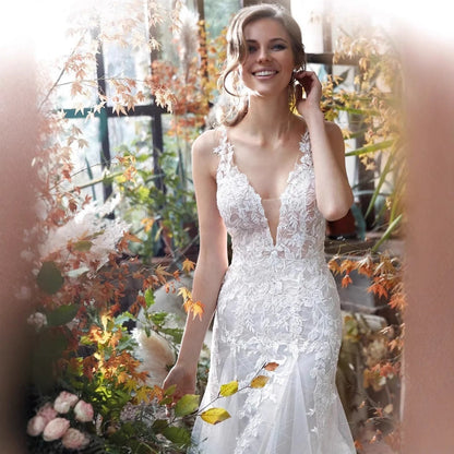 Deep V-Neck Satin Mermaid Wedding Dress