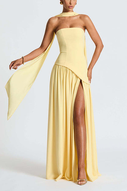 consonak Strapless Back Lace-up High Slit Splice Maxi Dress