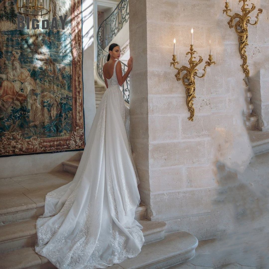 Deep V-Neck Long Train Evening Wedding Dress
