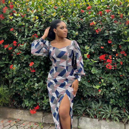 Square Neck Puff Sleeve Geometric Polka Dot Print High Slit Midi Dress