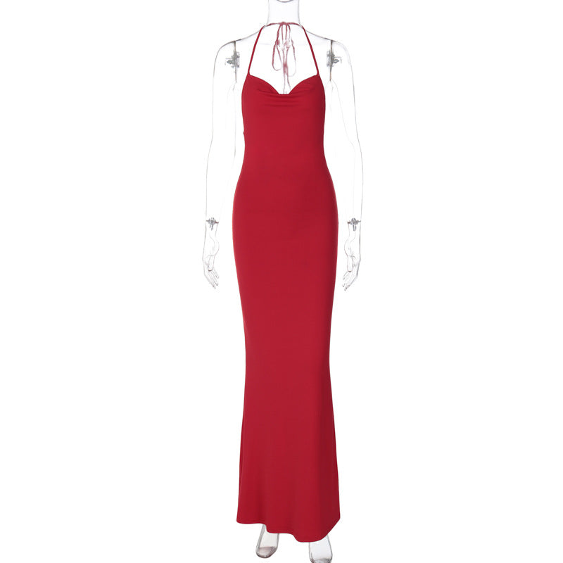 Solid Color Sheath Cutout Backless Halter Maxi Dress for