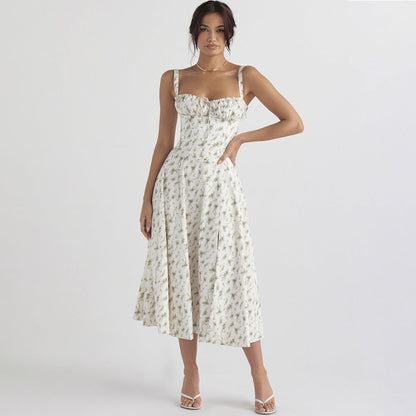 Floral Print Sweetheart Neck Tie Front Corset Bodice Fit And Flare Midi Dress