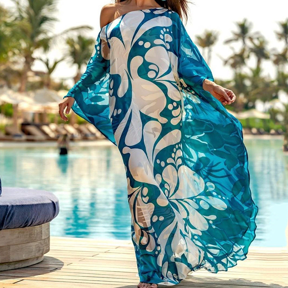 One-Shoulder Graphic Print Long Sleeve Maxi Kaftan Dress