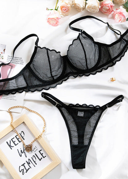 Midnight Mesh - Underwire Lingerie Set with Scalloped Lace Trim