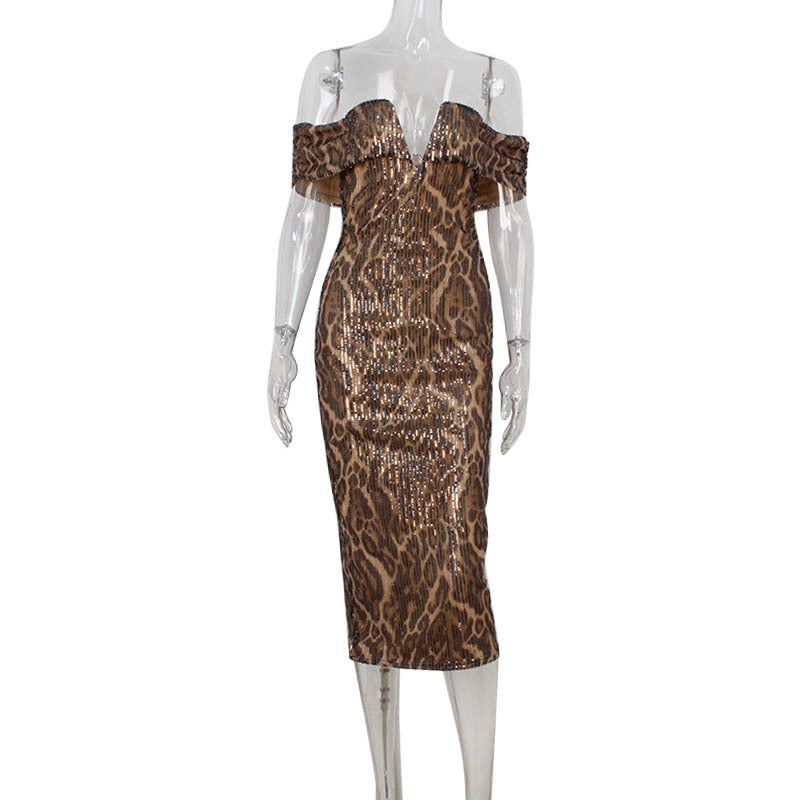 Off Shoulder Deep V-Neck Print Textured Bodycon Midi Dress