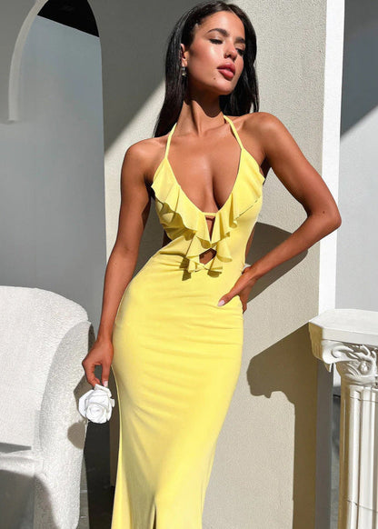 Serene Grace - Halter Maxi Dress with Ruffle Detail