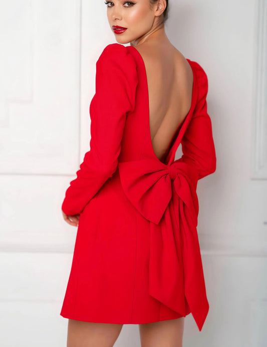 Women's party dress fluffy shoulder long sleeved back bow detail mini dress