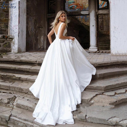 Deep V-Neck Satin Sheer Wedding Dress