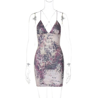 Cross back v neck spaghetti strap print mini dress