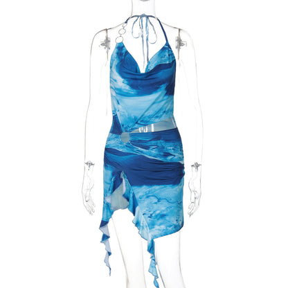 Halter Cowl Neck Mesh Abstract Print Ring Cutout Top and Mini Skirt Set