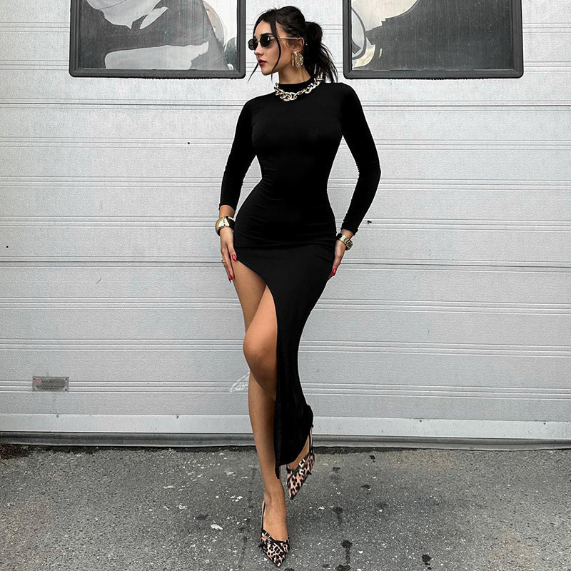Arrival Slim Long Sleeve Back Hollow Out Cutout out High Slit Dress