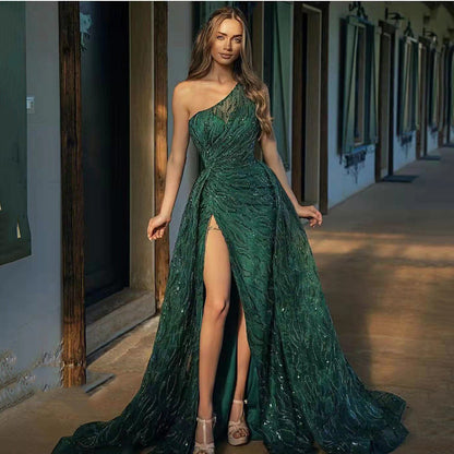 One Shoulder Sequin Embellished High Split Floor Length Gown