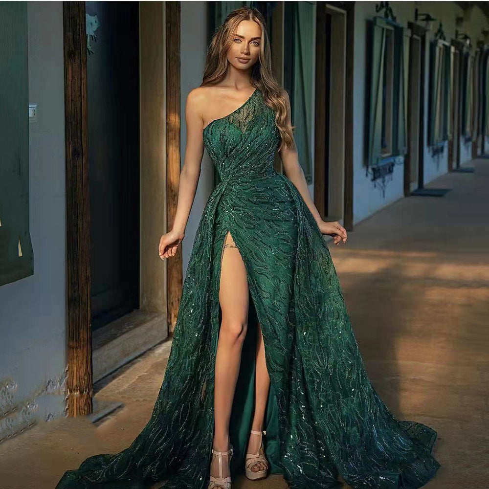 One Shoulder Sequin Embellished High Split Floor Length Gown