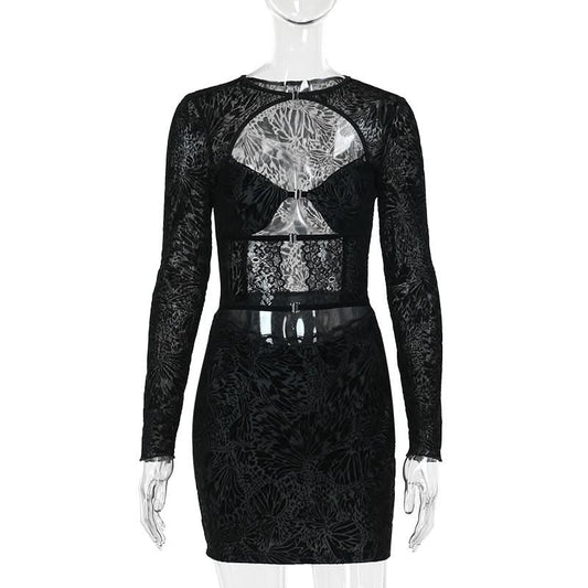 Long sleeve hollow out lace button cut out mini dress