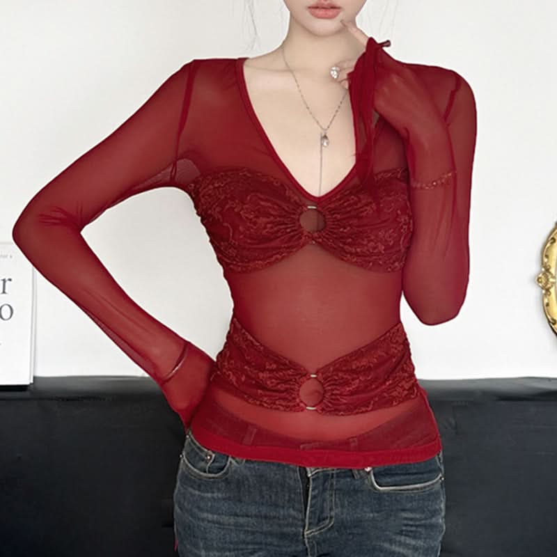 V neck long sleeve o ring lace mesh top