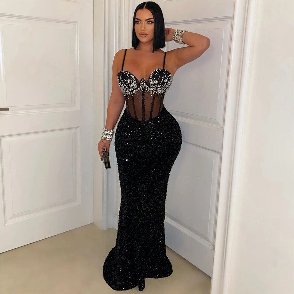 Rhinestone Sweetheart Mesh Corset Bodice Sequin Mermaid Maxi Gown
