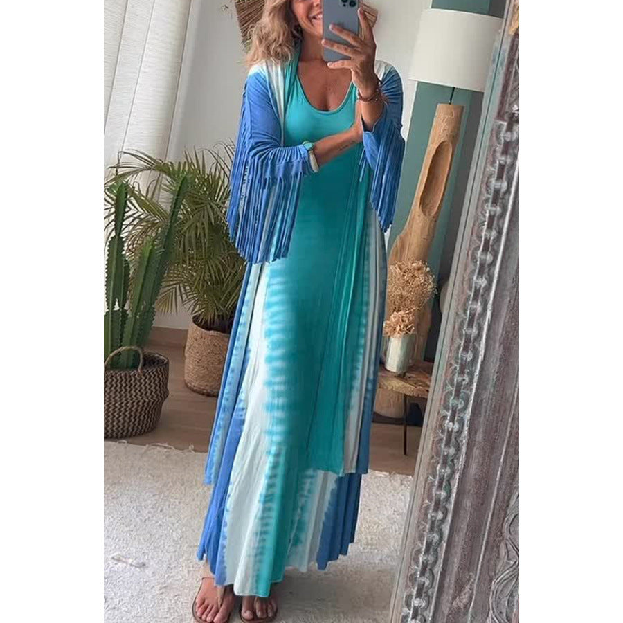 Song of The Vagabond Tie-dye Print Open Front Tassel Duster Cover-up