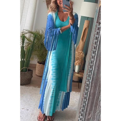 Song of The Vagabond Tie-dye Print Open Front Tassel Duster Cover-up