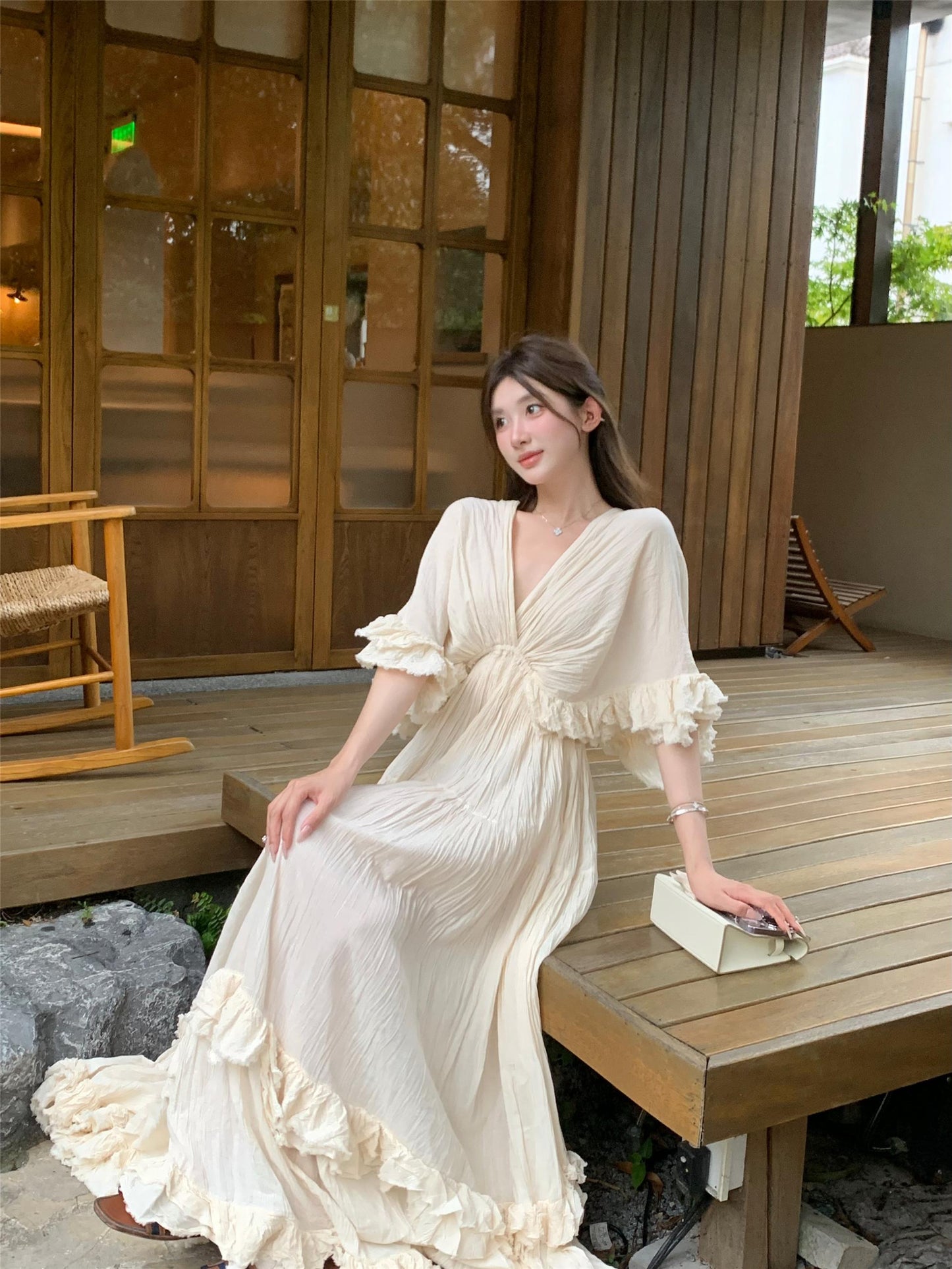 Tailande Linen Maxi Dress V-Neck Ruffle Goddess Gown with 10-Meter Full Hem