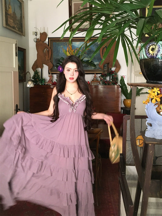 Purple Cotton Tiered Dress Dreamy Vintage-Inspired Summer Look