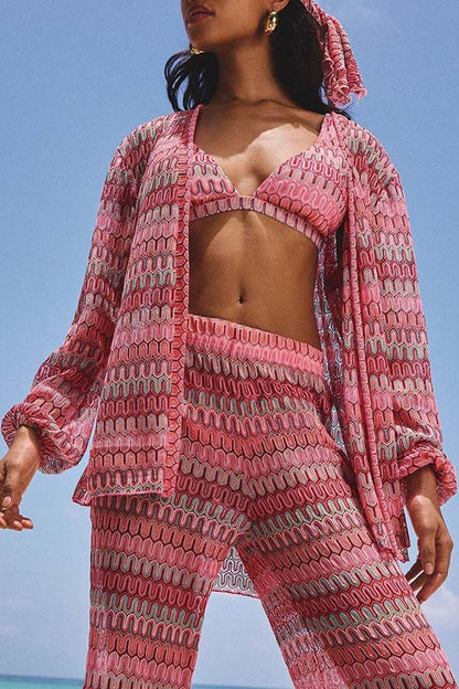 Beach Style Knit Unique Print Long Sleeve Kimono Shirt and Stretch Wide Leg Pants Set