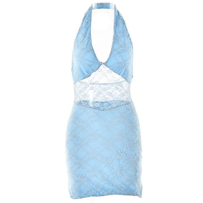 Halter lace patchwork v neck backless mini dress