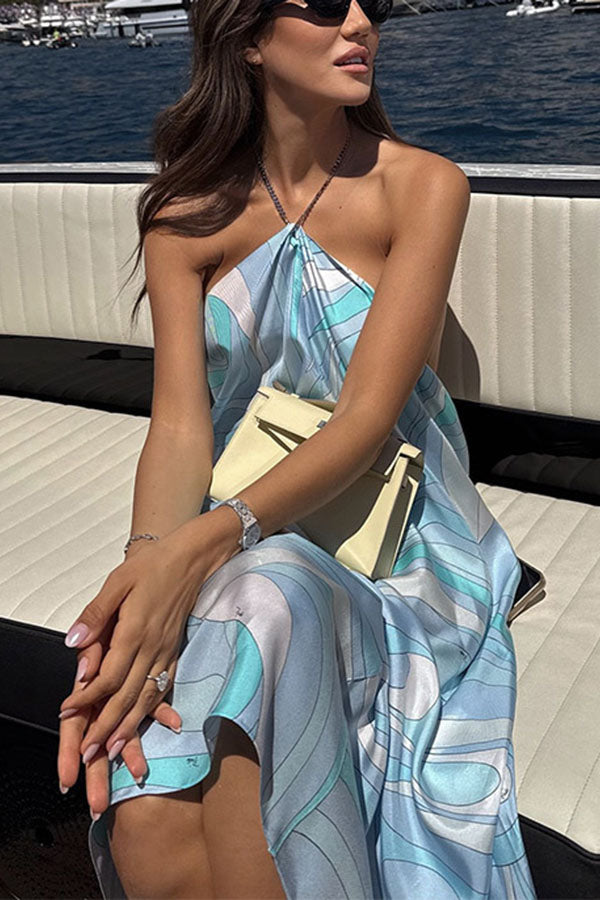 Elmhurst Satin Unique Print Chain Halter Draped Scarf Midi Dress