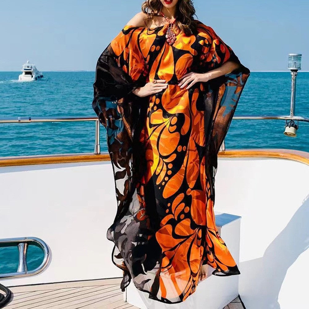 One-Shoulder Graphic Print Long Sleeve Maxi Kaftan Dress