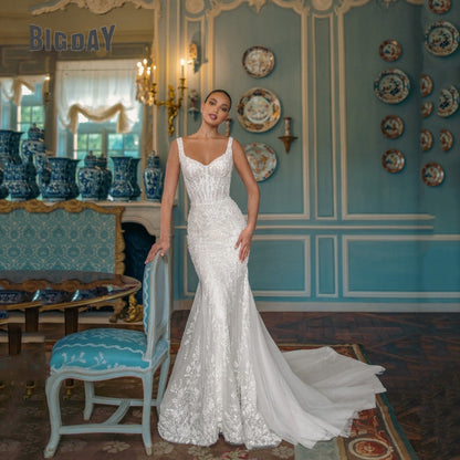 Deep V-Neck Long Train Evening Wedding Dress
