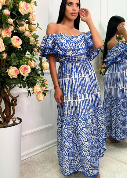 Marina Ruffle Off-Shoulder Dress – Blue EmbroideRed Boho Maxi