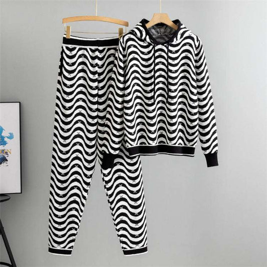 Black - Wavy Striped Sweater Two Piece Set