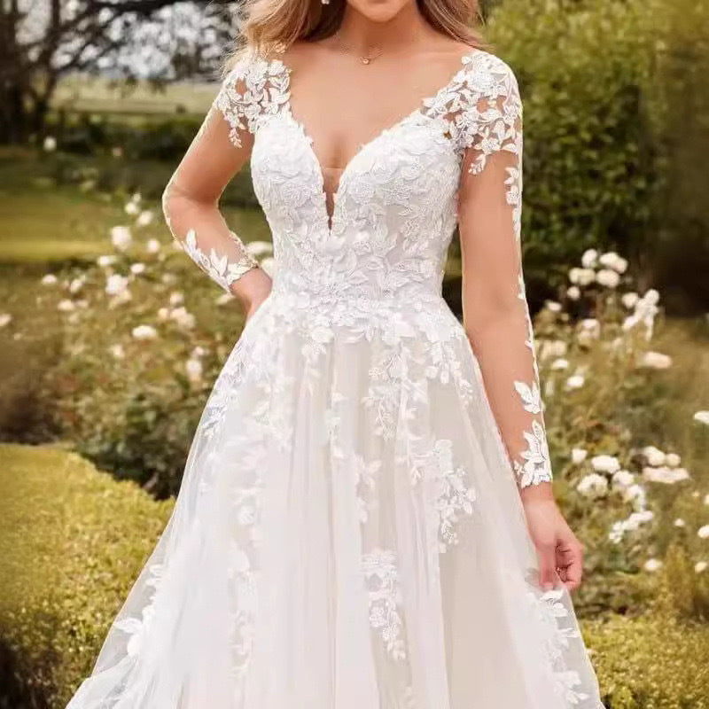 V-Neck Lace A-Line Wedding Dress