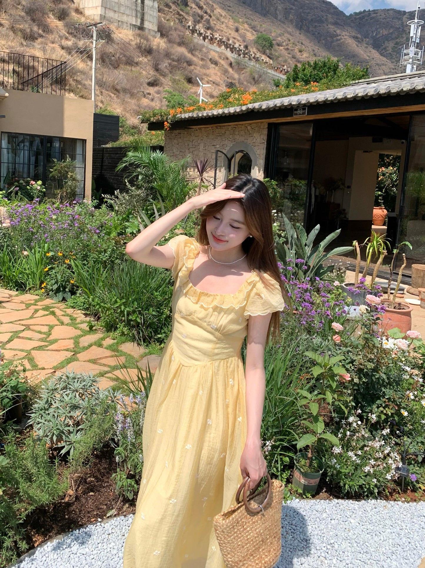 French Square Neck Ruffled Short-Sleeve Yellow Dress