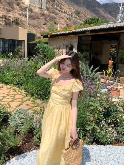 French Square Neck Ruffled Short-Sleeve Yellow Dress