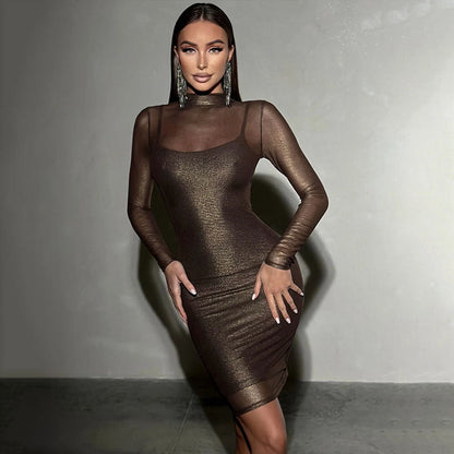 Glitter Mesh Overlay Mock Neck Long Sleeve Layered Slip Mini Dress