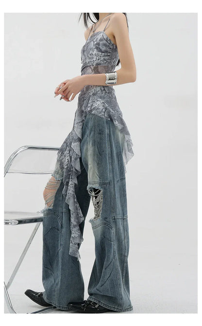 Vintage Distressed And Dirt-Dyed Patchwork Wide-Leg Jeans